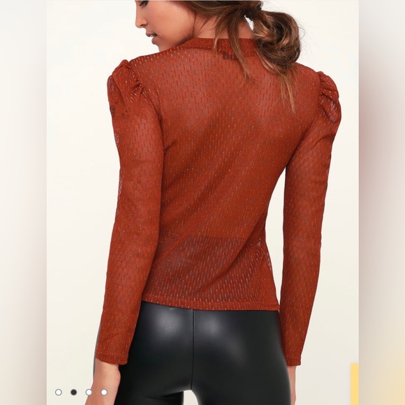 Confetti Fete Rust Orange Sheer Long Sleeve Mock Neck Too - Picture 2 of 6